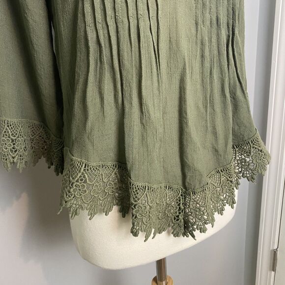 Westport Olive Green Pintuck Blouse with Lace Trim - Size XS - Picture 2 of 8